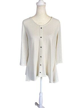d&co. women's cream with gray stripes 3/4 sleeve pullover tunic top size XS